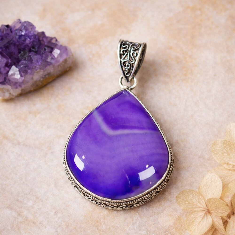 Large Purple Agate Teardrop Pendant 925 Sterling Silver Boho Statement Necklace